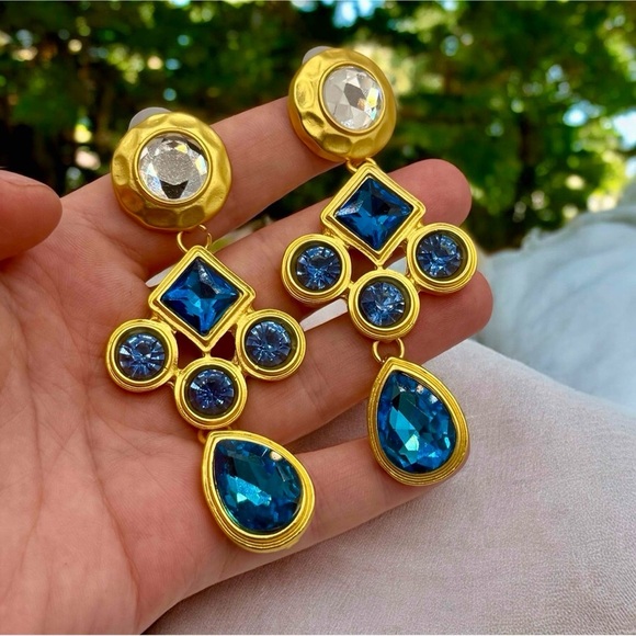 Anthropologie Jewelry - Anthropologie Bohemian Style Gold and Blue Statement Earrings